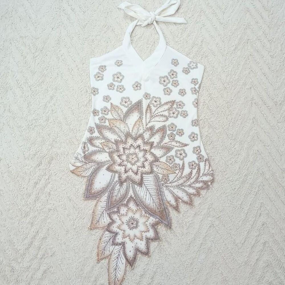 Y2K Beaded Floral Asymmetrical Fairy Halter Top